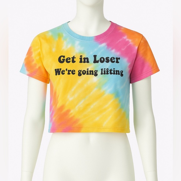 GILDAN Tie-Dye Cropped “Get in Loser We’re Going Lifting” T-Shirt - Size M - Picture 1 of 2